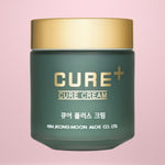 Cure Cream jar with gold lid on a pink background