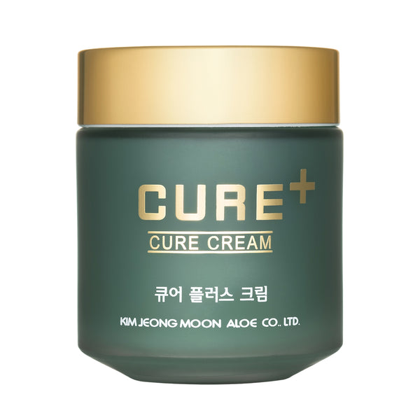 Green jar of Cure Cream with gold lid on a white background