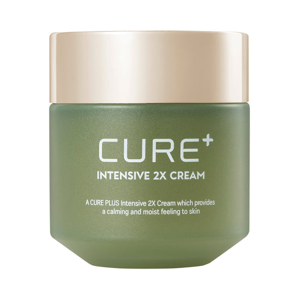 Green jar of Cure Intensive 50g 2X Cream with beige cap on a white background